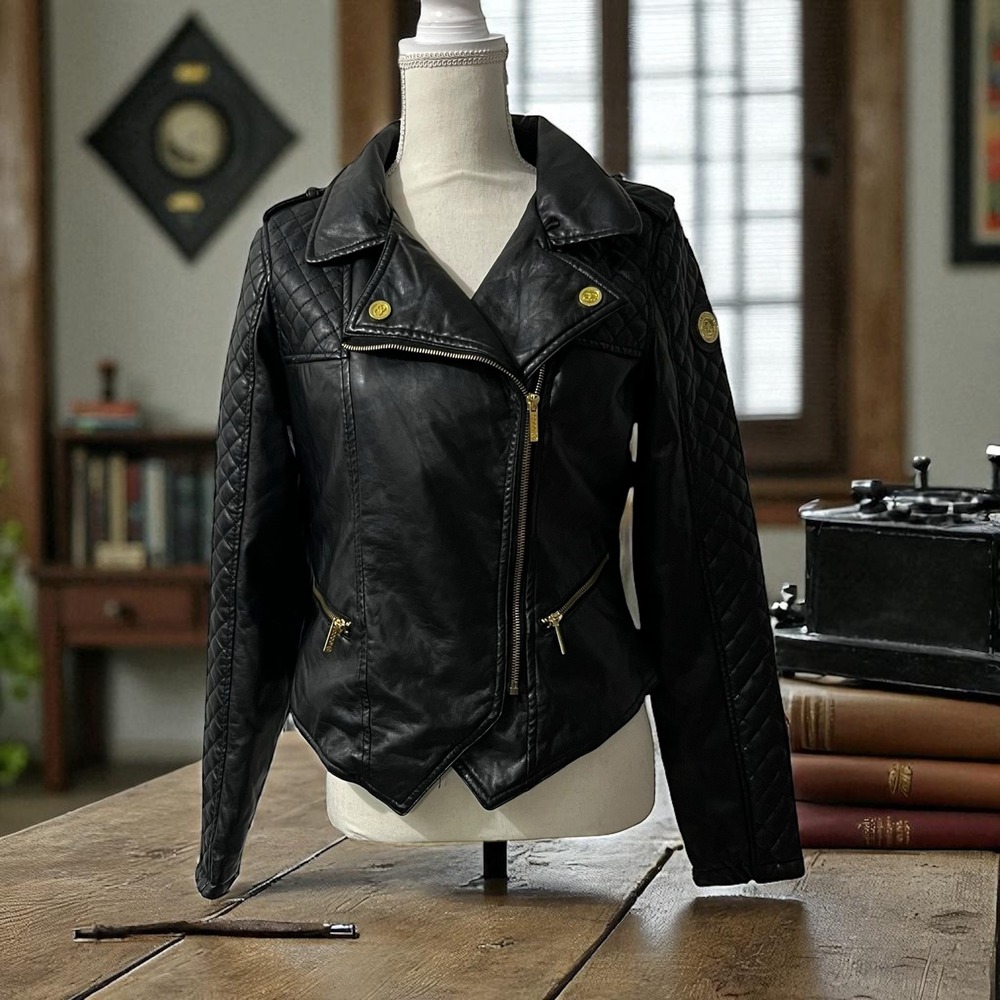 Coogi Moto‎ Jacket, Quilted Shoulder, Gold Hardware, Black Faux Leather, Size M